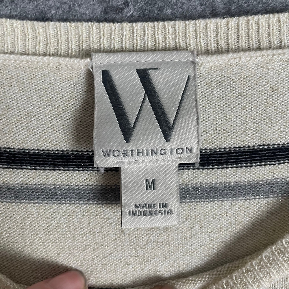 Worthington Womens M Medium Striped Metallic Sweater Sparkle Shimmer Ivory - Picture 3 of 6